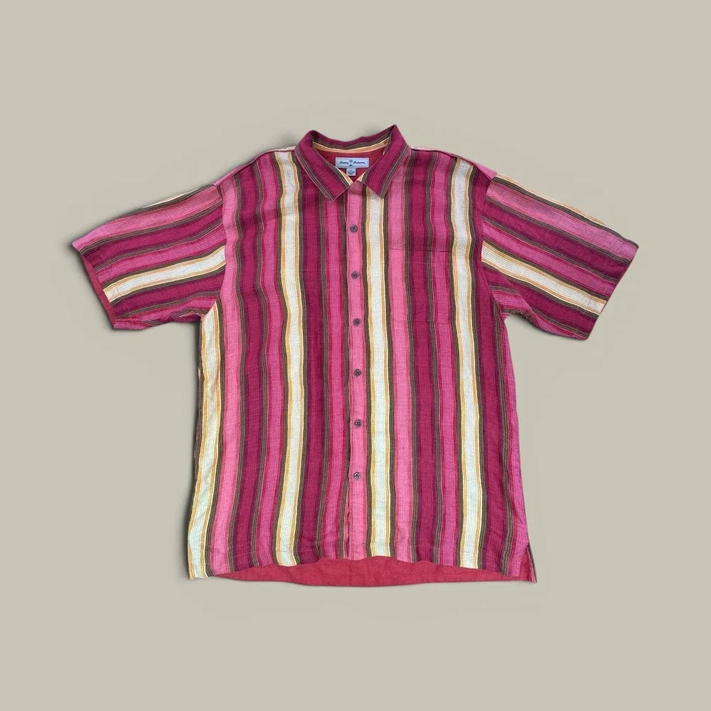 Tommy Bahama Mens XL Linen Short Sleeve Button Up Shirt Striped Red T31187
